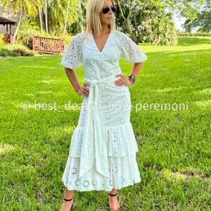 New Zara White Tiered Ruffled V-Neck Dress